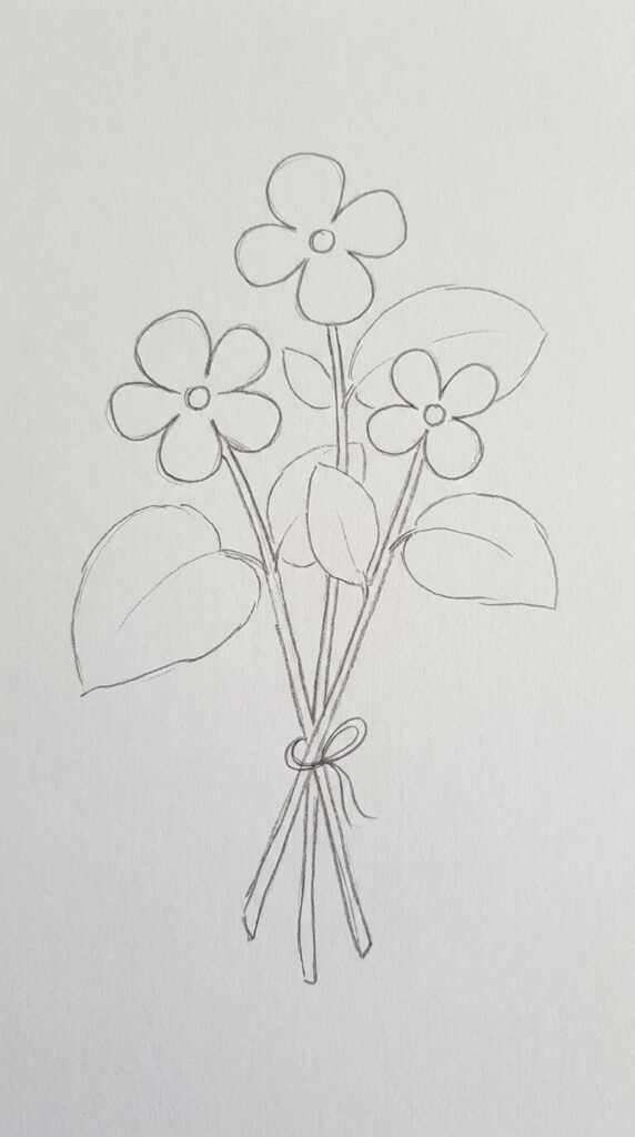 : Simple begonia bouquet pencil drawing with three begonia blooms at different heights grouped together with leaves for beginners.