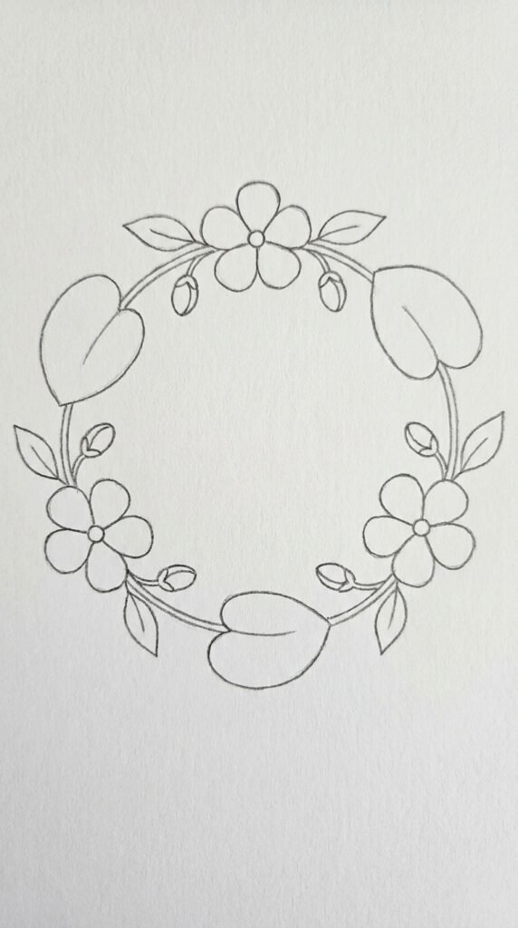  Begonia flower wreath pencil drawing with full blooms, buds, and leaves arranged in a circle for beginners.