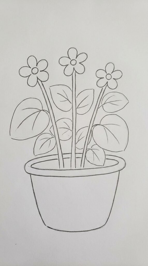 Begonia flower in a pot pencil drawing with three stems and blooms growing from a simple rounded trapezoid pot for beginners.