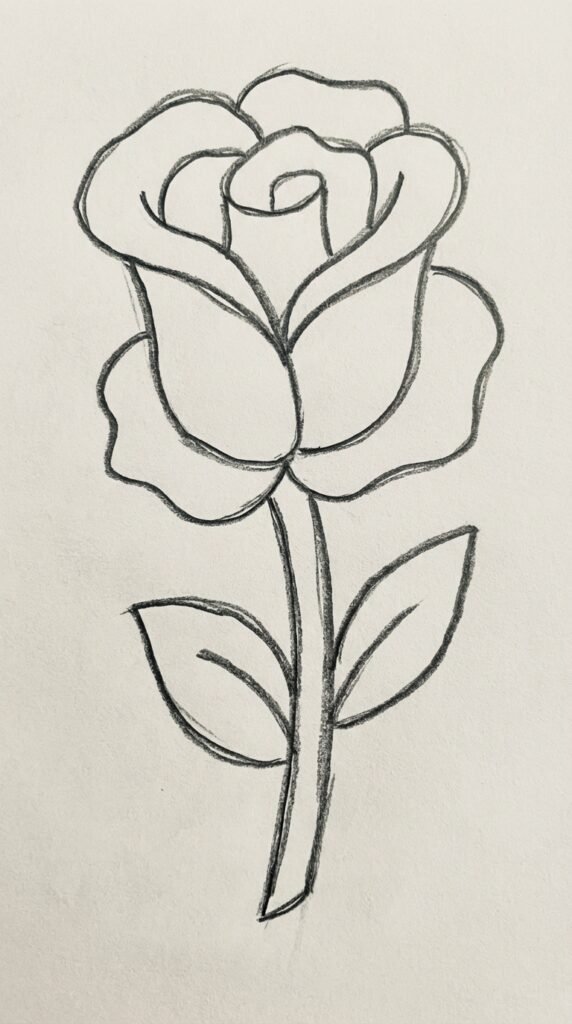 Black rose sketch outline pencil drawing, bold clean lines, beginner style.