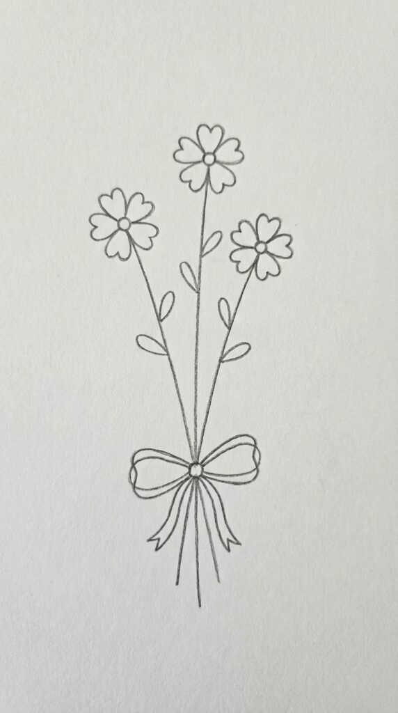 Simple pencil drawing of a bouquet of flowers with heart shaped petals, love drawing idea for beginners.