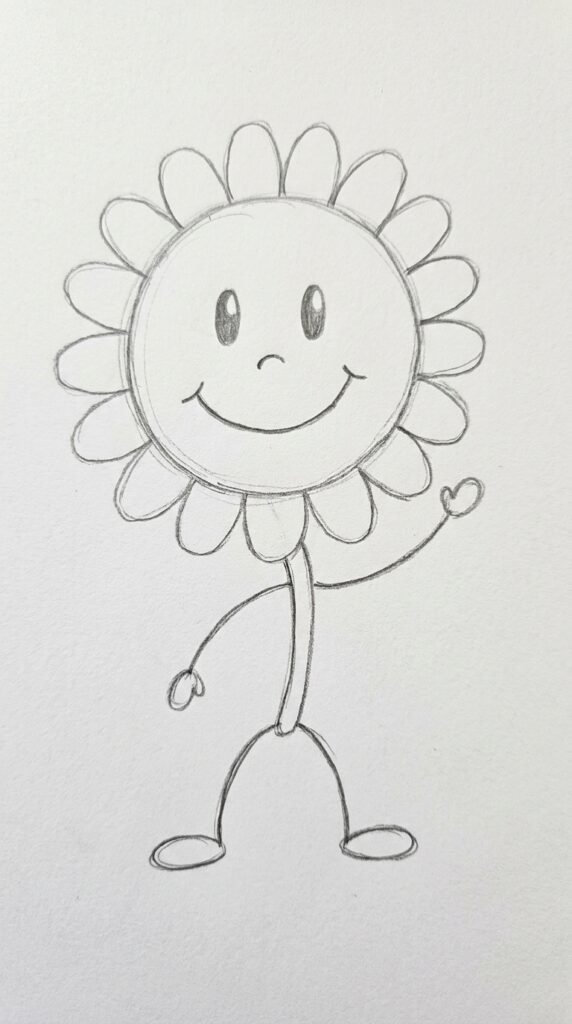 Cute pencil drawing of a cartoon daisy flower character with a smiley face, arms, and legs, fun child-friendly style on white paper
