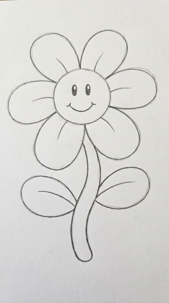 Cartoon lily drawing for kids with a smiling face center and round petals.