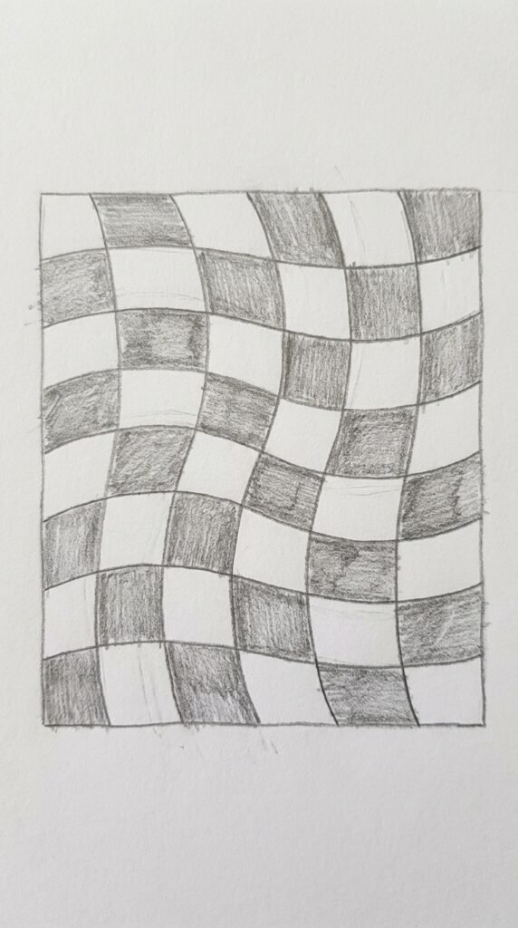 Easy trippy checkerboard wave optical illusion drawing for beginners with curved grid lines on white paper.