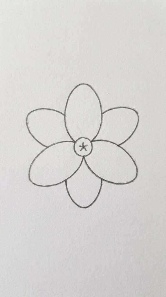  Pencil sketch of an arching freesia stem with three teardrop-shaped buds at different sizes.