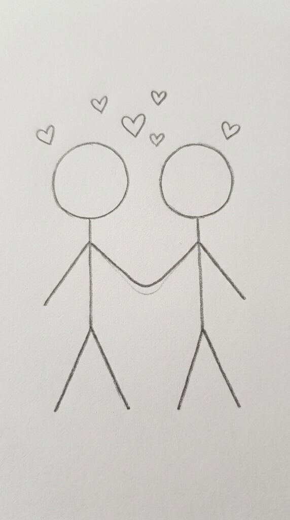 Simple stick figure couple holding hands pencil drawing, easy love drawing idea for beginners.