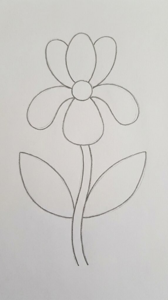 Cute cartoon iris flower drawing for kids with round petals, a thick stem, and simple broad leaves on white paper.