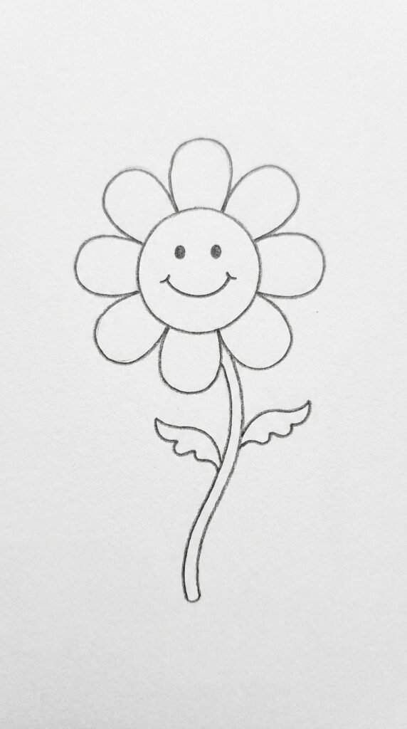 Cute pencil drawing of a daisy flower with a smiley face inside the center circle, child-friendly style on white paper