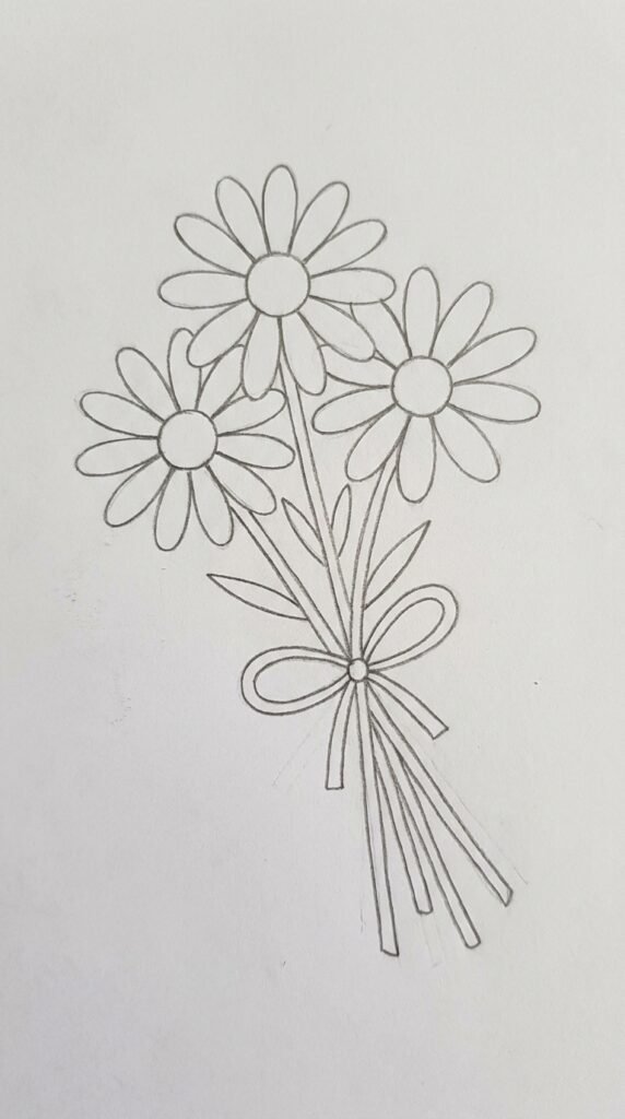 Simple pencil drawing of a daisy flower bouquet with three daisies tied together with a ribbon bow, beginner style on white paper