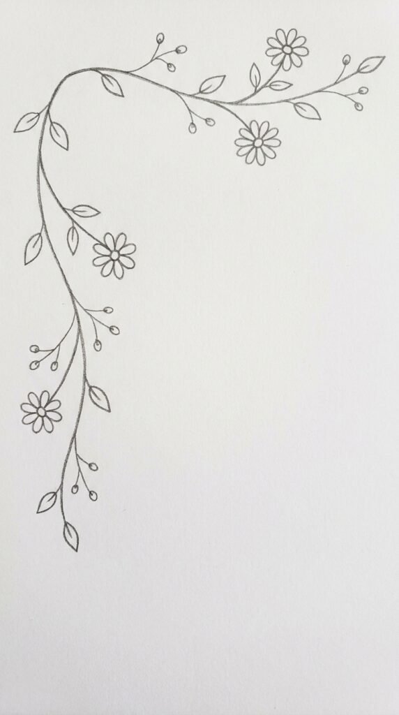 Simple pencil drawing of a daisy flower corner border with a curving vine, small daisies, and leaves, decorative style on white paper
