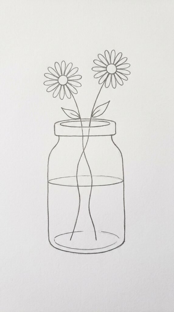 Easy pencil drawing of daisy flowers placed inside a simple glass jar vase with visible stems, beginner style on white paper