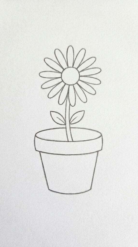 Easy pencil drawing of a single daisy flower growing in a small round pot, simple beginner style on white paper