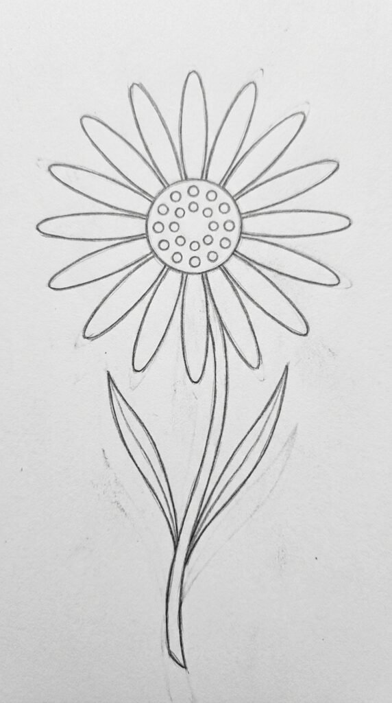 Pencil drawing of a daisy with decorative dot pattern inside the center circle and elongated petals, detailed beginner style on white paper
