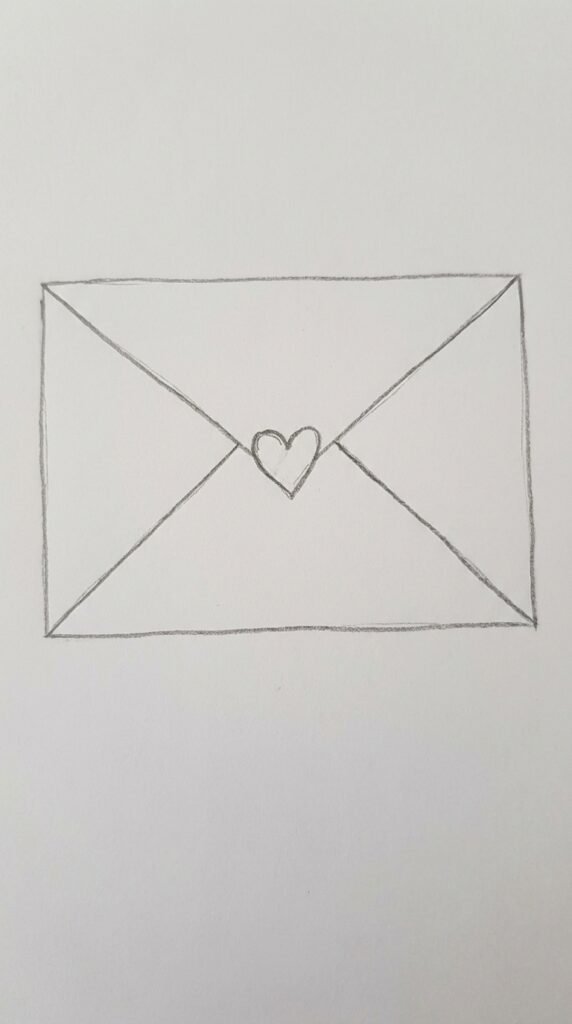 Simple pencil drawing of a love letter envelope with a heart seal, beginner drawing idea.