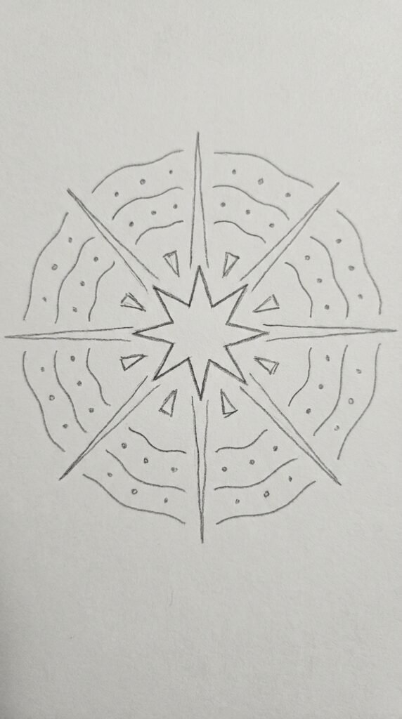 Cool trippy exploding starburst drawing for kids with speed lines and wavy energy rings on white paper.
