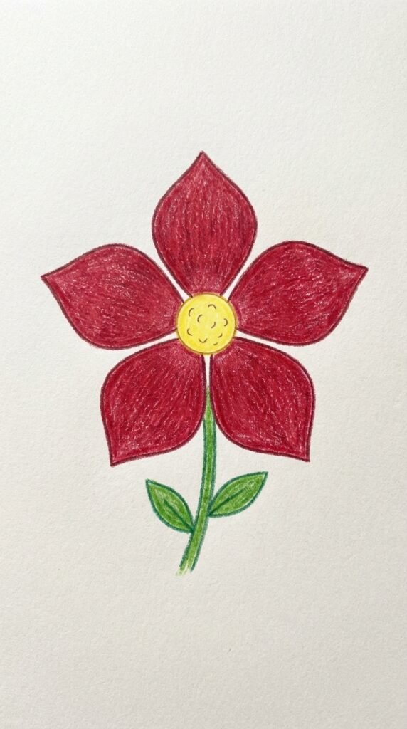 Five-petal flat rose pencil drawing for kids, simple symmetrical flower style.