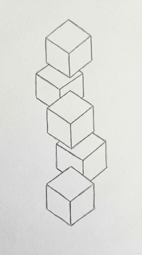 Cool trippy floating 3D cube stack drawing for beginners using simple shapes on white paper.