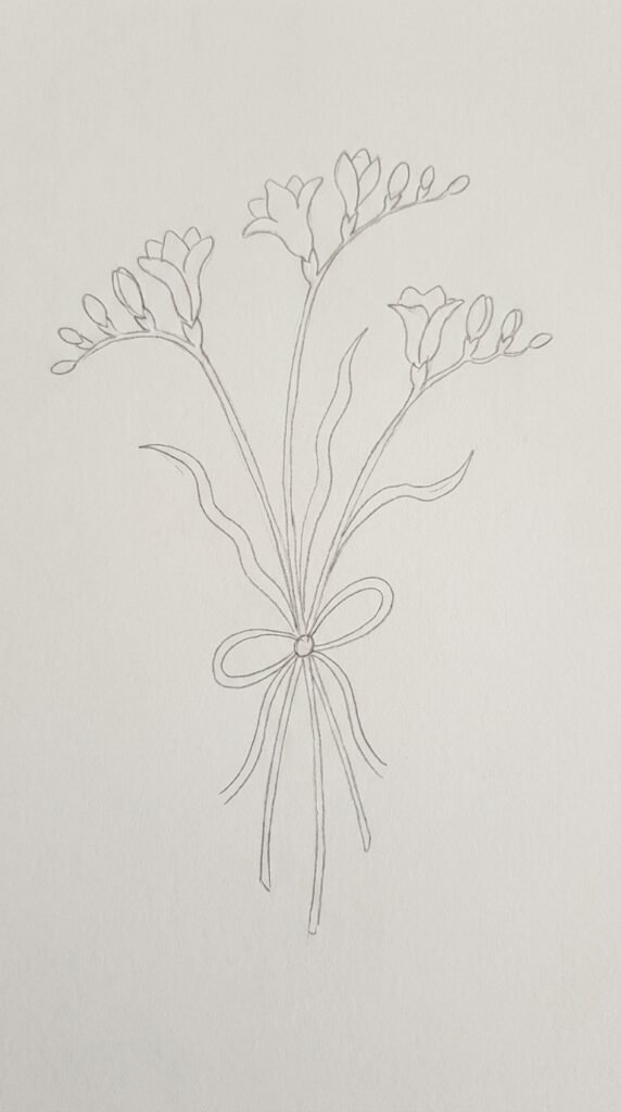 encil drawing of a repeating freesia flower pattern with evenly spaced blossoms and small leaves.