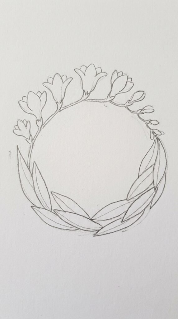 .Pencil drawing of a circular freesia flower wreath with blossoms, buds, and overlapping leaves