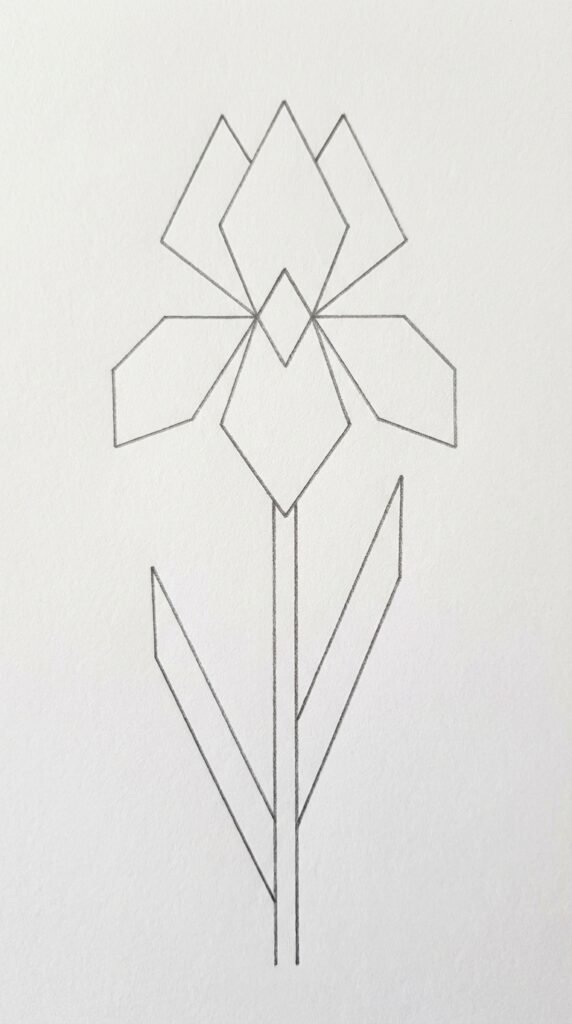 Geometric iris flower drawing for beginners using straight lines and angular shapes in a modern style on white paper.