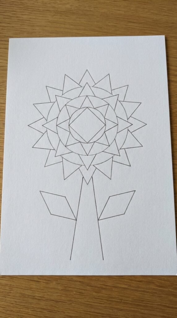 Geometric lotus drawing with triangular petals and angular shapes pencil sketch on white paper.