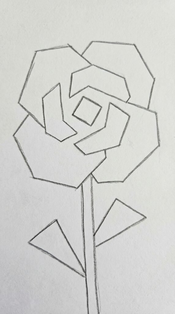 Geometric rose pencil drawing with angular petal shapes, modern beginner art style.