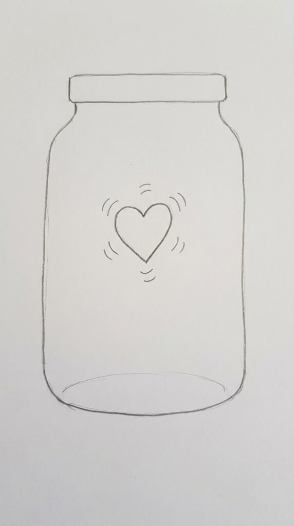Simple pencil drawing of a mason jar with a heart inside, easy love sketch idea for beginners.