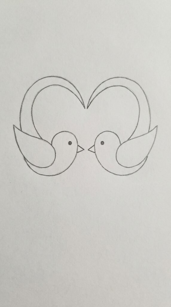 Simple pencil drawing of two birds facing each other forming a heart shape with their tails, love drawing idea for beginners.