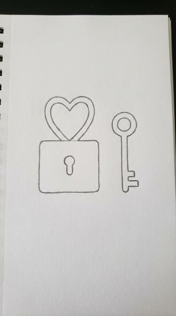 Pencil drawing of a heart shaped lock and key, simple love sketch idea for beginners.