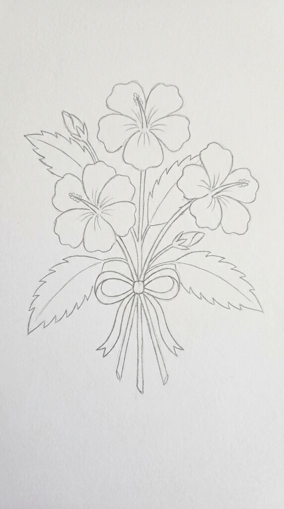  Hibiscus bouquet pencil drawing with three flowers, leaves, buds, and a tied bow at the stems.