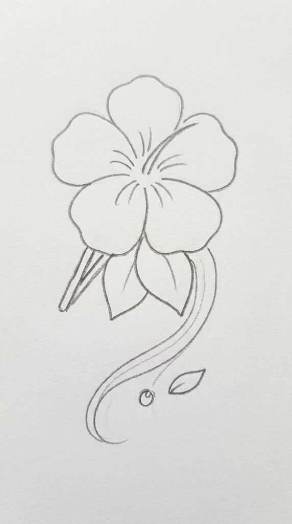 Hibiscus hair flower pencil illustration showing a bloom with leaves as if tucked behind an ear.