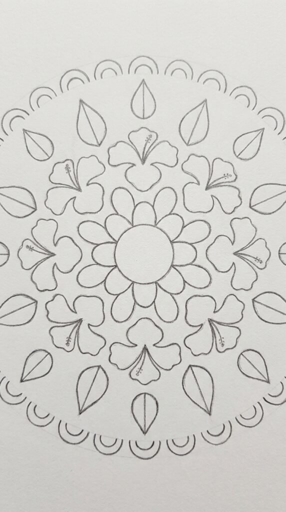  Hibiscus mandala pencil drawing with concentric rings of petals and leaves arranged in perfect symmetry