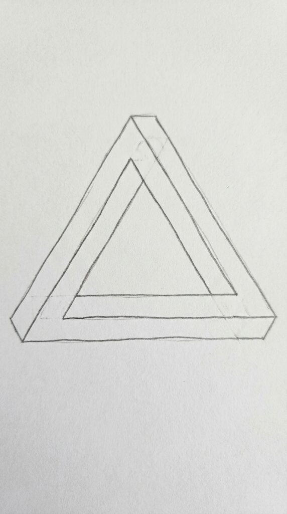 Simple impossible Penrose triangle trippy optical illusion drawing for kids on white paper.