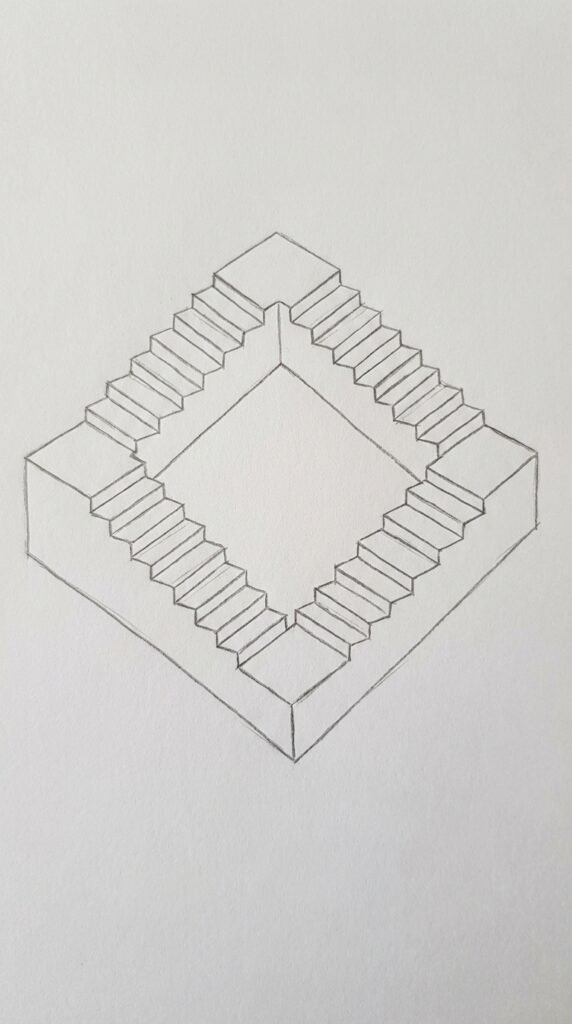 Simple trippy impossible staircase loop optical illusion pencil drawing for kids on white paper.