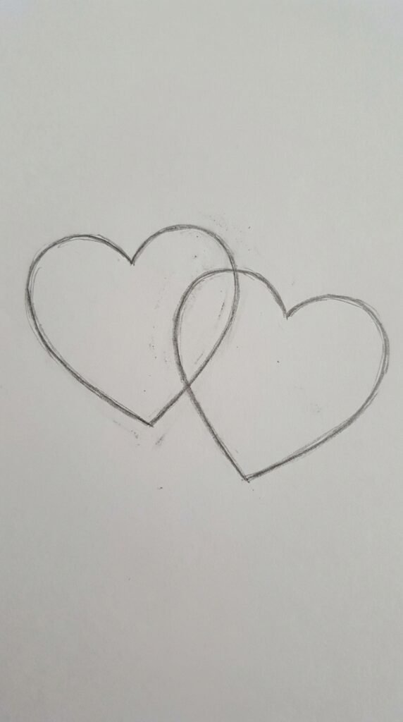 Two intertwined hearts pencil drawing, easy cute love sketch idea for beginners.