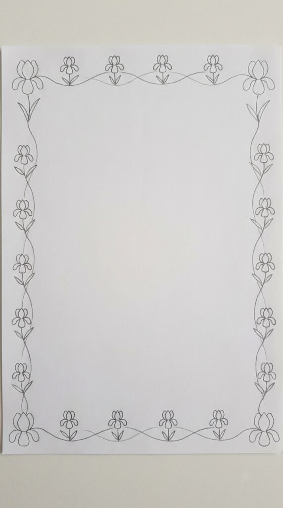 Simple iris flower border drawing for beginners with evenly spaced blooms and connecting vine lines on white paper.