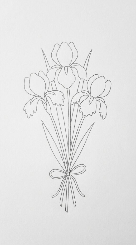 Simple iris flower bouquet outline drawing for beginners with three blooms tied at the stems on white paper.