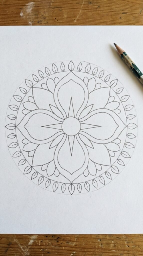 Simple iris flower mandala drawing for beginners with repeating petal shapes radiating from a center circle on white paper.