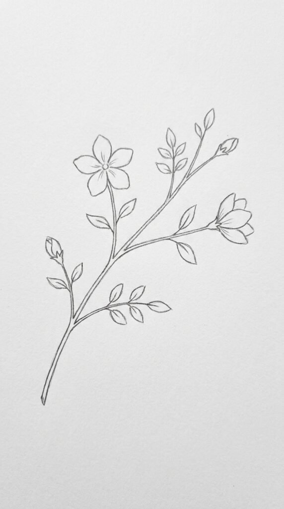 A pencil sketch of a jasmine branch with multiple open flowers, a closed bud, and pairs of oval leaves on curving side stems.