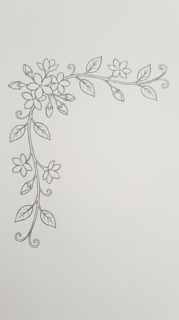 A pencil sketch of a jasmine corner border with a curving vine, flower clusters, leaf pairs, and trailing tendrils forming an L-shape in the corner.