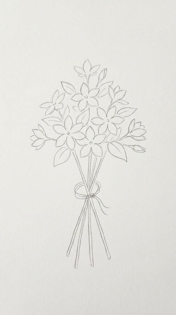 A pencil drawing of a small jasmine bouquet with multiple open flowers, buds, and leaves arranged in a dome shape with crossing stems tied at the base.