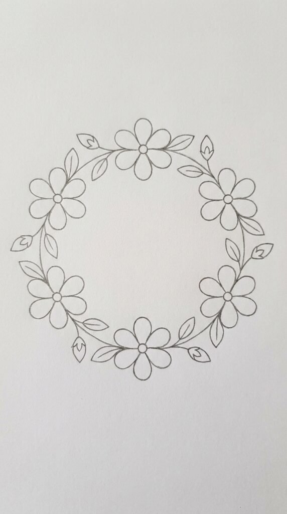A pencil sketch of a circular jasmine flower wreath with evenly spaced open blooms, leaf pairs, and small buds forming a complete ring.