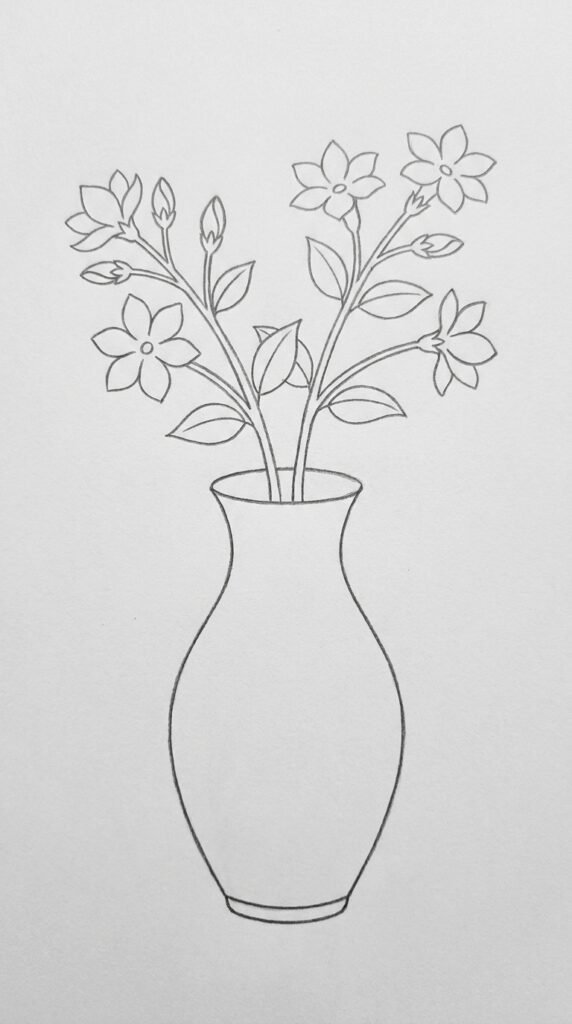 A pencil sketch of a simple vase with three jasmine flower stems emerging from the top, showing open blooms, closed buds, and paired oval leaves.