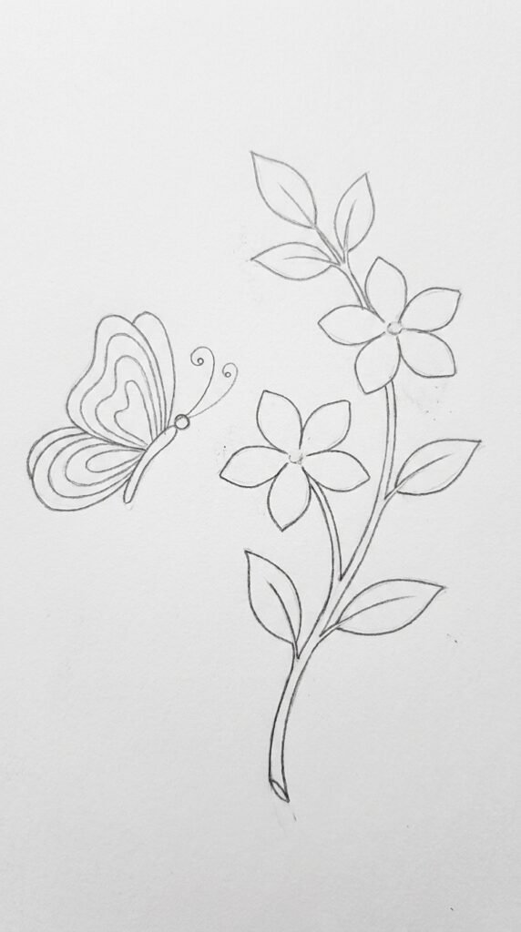 A pencil sketch of a jasmine flower branch with a butterfly hovering nearby, both drawn in simple outline style with clean pencil lines.