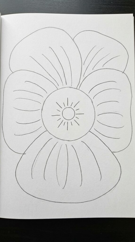 Simple pencil drawing of a large close-up pansy flower filling the page with wide overlapping petals, detailed vein lines, and a detailed center circle.