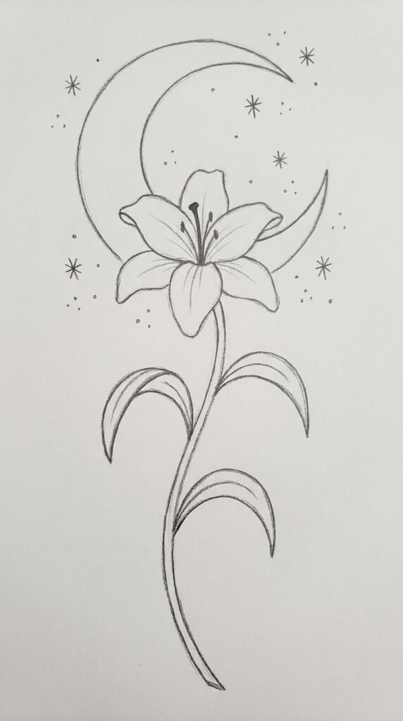 Lily and crescent moon drawing with stars, pencil outline illustration on white paper.