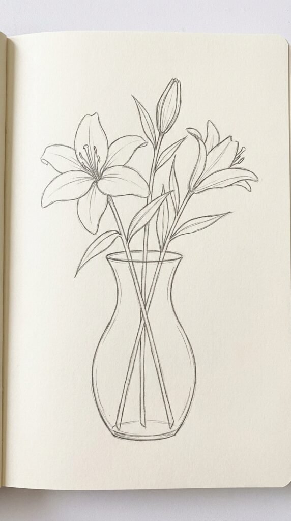Lilies in a glass vase drawing with three stems, one open bloom, one bud, and one side flower.