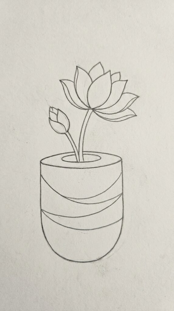 Lotus flower in a vase pencil drawing with a bud and decorative lines on white paper.