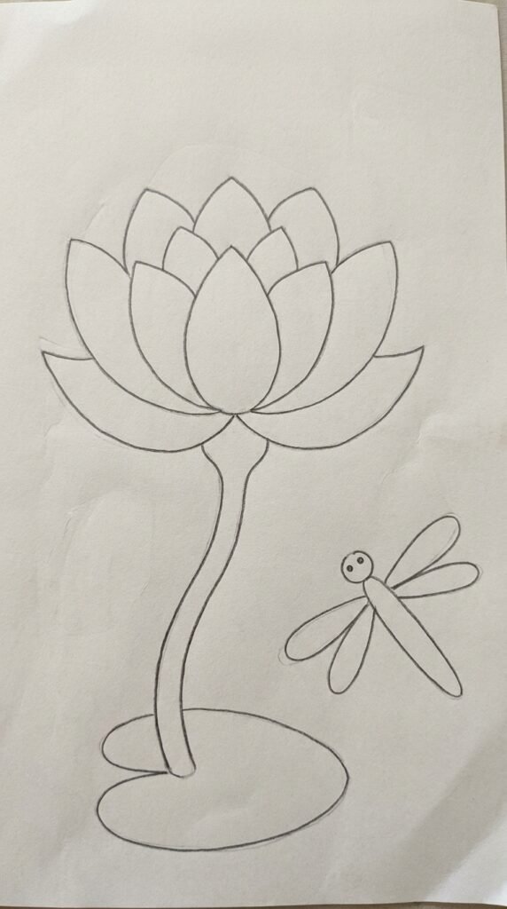 Lotus flower and dragonfly pencil sketch with a stem and leaf on white paper.