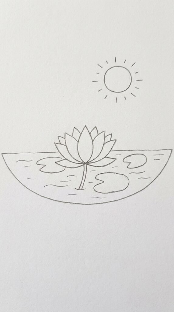 Lotus in a pond pencil scene drawing with lily pads ripples and a sun on white paper.